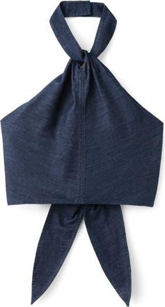 Mango Cotton & Linen Denim Crop Halter Top in Open Blue at Nordstrom, Size Medium