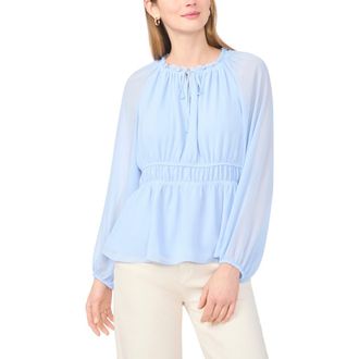 Vince Camuto Semi Sheer Long Sleeve Peplum Top in Sky at Nordstrom, Size X-Small P
