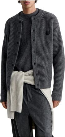 Maison Kitsun&eacute; Fox Head Ribbed Cardigan - Heren - Vesten - Grijs - L - Wol - Truien & Vesten