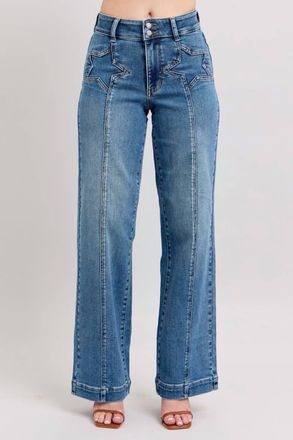 Judy Blue High Waist Star Wide Leg Jeans In Medium Blue