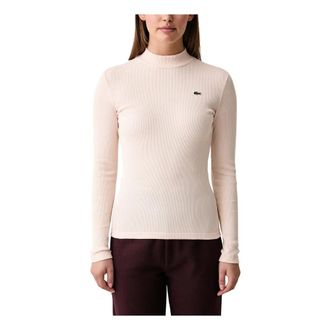Lacoste Geribbelde top met opstaande kraag en lange mouwen - Dames - Truien - Beige - Maat: XL Katoen