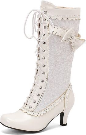 Generic Womens Vintage Victorian Mid Calf Boots Lace Up Cute Boots for Ladies Renaissance Granny Shoes with Side Zipper for Party Prom Evening