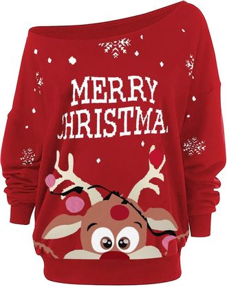 Generic Christmas Off Shoulder Sweatshirts for Women UK Xmas Jumper Tops Red Wine Glass Print Pullover Long Sleeve Blouse Casuals Party Costumes Winter Ladies