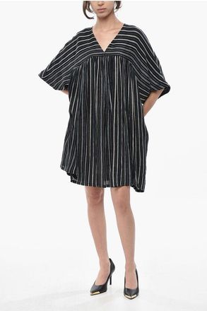 Woolrich Striped Linen-Blend Dress SUMMER VARSITY With V-Neck size Xs