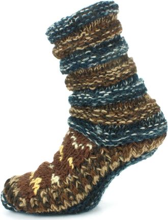 Loud Elephant Chunky Wool Knit Abstract Pattern Slipper Socks - Blue & Brown