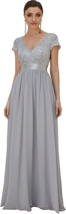 Ever-pretty Womens A Line High Waist Cap Sleeves Chiffon Sequins Long Wedding Guest Dresses Silver 10UK