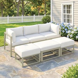 OUTSUNNY 6 PC Garden Daybed, Sectional Sofa Set with Coffee Table, Footstool in Cream