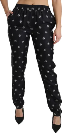 Dolce & Gabbana Black Printed Mid Waist Skinny Silk Womens Pants