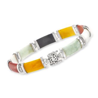 Ross-Simons Multicolored Jade Good Fortune Bracelet in Sterling Silver