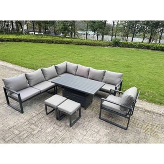 Fimous Aluminum 9 Piece 10-Seater L-Shaped Set with Lifting Table & 2 Stools in Dark Grey