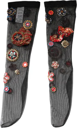 Dolce & Gabbana Black Stretch Carretto Crystal Stockings Womens Socks