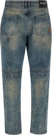 Balmain Knee-Ribbed Biker Denim Jeans - Blue
