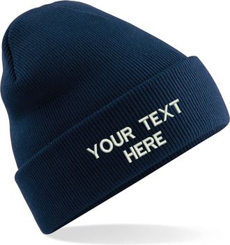 Generic Personalised Embroidered Your Text Beanie, Knitted Cap Your Name Hat Unisex Gift (French Navy)