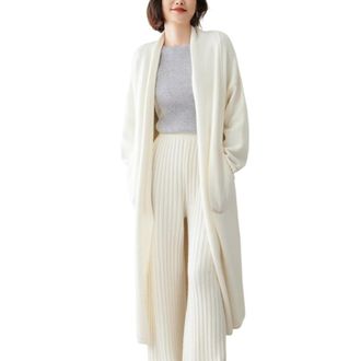 Dissa Women Cashmere Cardigan White V-Neck Sweater Long Sleeve Relaxed Cashmere Wool Thick Cardigan Midi Ladies Sweater,12,YD2330