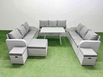 Fimous 12 Seat Outdoor PE Rattan Garden Furniture with 3 Stool Light Grey