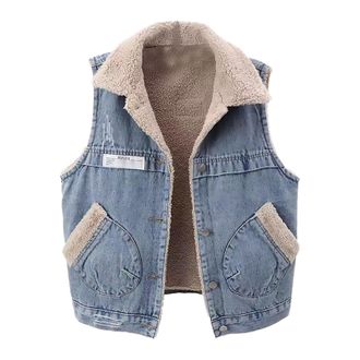 Generic Teddy Fleece Gilet For Women Sleeveless Denim - Ladies Gilets And Bodywarmers Waistcoat Autumn Winter Short Jacket Vest Coat With Button And Pocket Ca