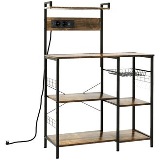 HOMCOM Estante Para Horno Microondas Con Toma De Corriente, Cargador Usb Y 5 Ganchos, 90 X 42 X 130 Cm, Marr&oacute;n R&uacute;stico