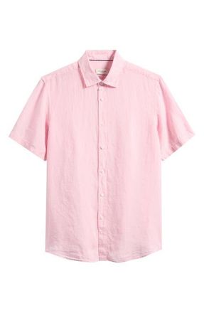 Bugatchi Orson Shaped Fit Short Sleeve Linen Button-Up Shirt in Pink at Nordstrom, Size Xxx-Large