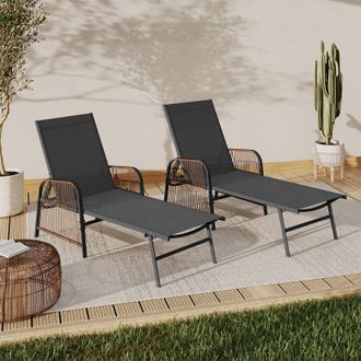 IDMarket Lote De 2 Tumbonas De Jard&iacute;n Rio De Acero Gris Antracita, Cuerda De Rat&aacute;n Con Reposabrazos Y Lona Gris