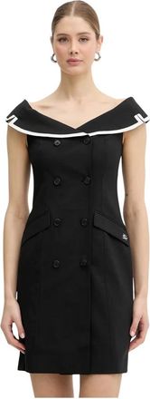 Karl Lagerfeld Jurk met off-shoulder en dubbele knopenrij van wolmix - Dames - Korte kleedjes - Zwart - S - Wol - Kleedjes