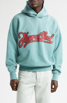 Fear of God Classic Fit Fleece Logo Graphic Hoodie in Sky at Nordstrom, Size Xx-Large