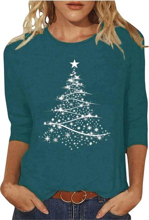 Generic Christmas Shirt for Women 3/4 Sleeve Top Christmas Jumpers Ladies Tops Xmas Jumpers Knitted Reindeer Snowflake Xmas Sweater Lightweight Christmastree 