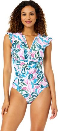 Anne Cole Womens Printed Flutter Sleeve Zip Up Rash Guard One Piece Swimsuit in Corallo Paisley at Nordstrom, Size 16