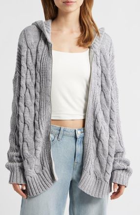 PacSun Dylan Cable Knit Zip-Up Hooded Sweater in Heather Grey at Nordstrom, Size Large