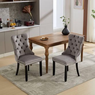 Merax Set of 2 Velvet Button Tufted Dining Chairs with Wood Legs in Grey