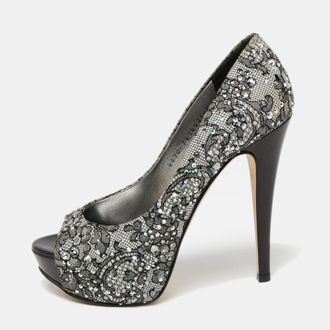Gina Grey/black Lace Crystal Embellished Open Peep Platform Pumps
