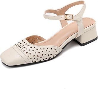 Generic Womens Square Toe Slingback Shoes Perforated Cutout Smooth Upper Ankle Strap Buckle Chunky Heel Open Heel Cushioned Insole Anti-Slip Sole,White,6.5 UK