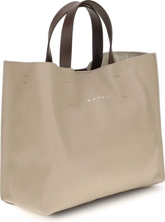 Marni Womens Museo Tote Bag Moon Stone-Dark Burgundy-Coffee Calf Leather Bos Taurus Shoulder Stone/dark Burgundy/coffee