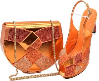 Generic Womens Luxury Shoe and Bag Set Sparkly Rhinestone Crystal Thick Heel Shoes Gold Chain Strap Shoulder Bag