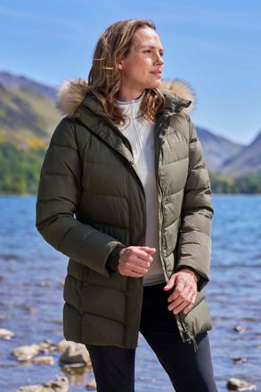 Mountain Warehouse Isla II Womens Down Jacket Water Resistant Faux Fur Hood Warm Winter Coat Forest Green
