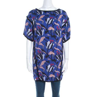 Escada Ink Blue Floral Print Silk Blend Naternia Tunic Top