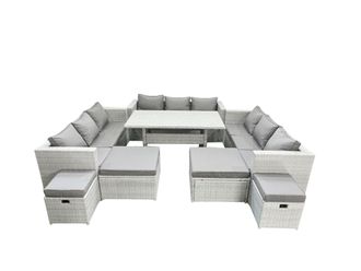 Fimous Rattan Garden Furniture Dining Set 13 Seater Lounge Sofa Dining Table Set with 4 Footstools Light Grey Mixed