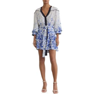Reiss Anisa Floral-Print Belted Minidress in Ivory/Blue at Nordstrom, Size 12 Us