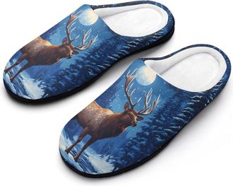 Generic Moose Moon Snowy Day Cotton Slipper for Women Indoor Outdoor House Shoes Anti-Skid Slippers with Rubber Sole