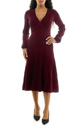 Nina Leonard Long Sleeve Ribbed Fit & Flare Sweater Dress in Deep Wine at Nordstrom Rack, Size Medium