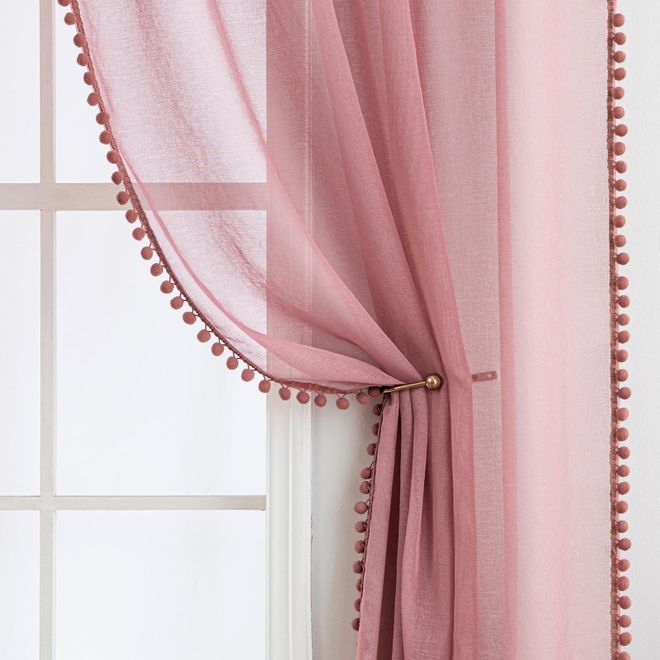 Miulee Gardinen mit Pompons-Hübsche Altrosa Transparent Gardinen für Kinderzimmer Mädchen, 2 Stücke Vorhang mit Pompons mit Stangendurchzug Durchsichtig Vorh ab 26,49 €