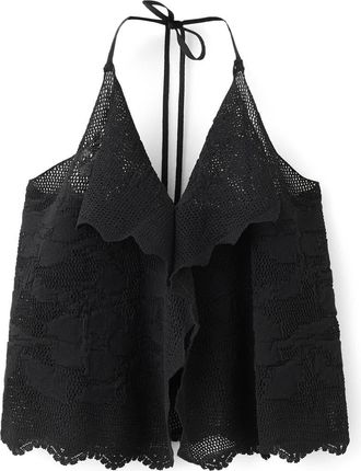 Mango Embroidered Knit Halter Top in Black at Nordstrom, Size X-Small