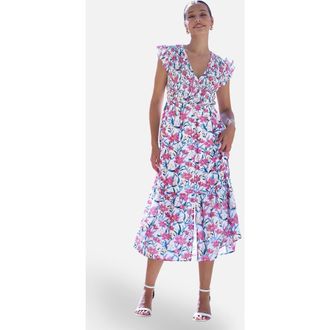 Yumi Floral Ruched Waist Midi Dress in White at Nordstrom, Size 14