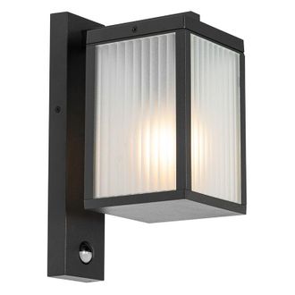 QAZQA Qazqa - Outdoor Wall Lantern Black with Ribbed Glass and Motion Sensor - Charlois