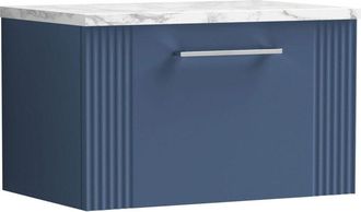 Nuie Deco Wall Hung 1-Drawer Vanity Unit with Carrera Marble Worktop 600mm Wide - Satin Blue - Nuie