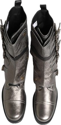 Dolce & Gabbana Mens Metallic Silver Combat Biker Mid Calf Boots Shoes Leather