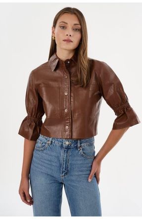 LaMarque CAROLINA | Leather Ruffle Sleeve Jacket in Luggage at Nordstrom, Size X-Small