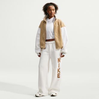 Nike Womens Studio Fleece Medium Weight Mid-Rise Wide-Leg Pants in White | IZ3856-133