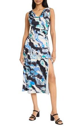 Maggy London Cowl Neck Sleeveless Ruched Midi Dress in Cream/Navy at Nordstrom Rack, Size 14