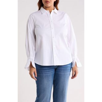 Liverpool L.A. Smock Sleeve Cuff Cotton Poplin Button-Up Shirt in White at Nordstrom, Size 2 X