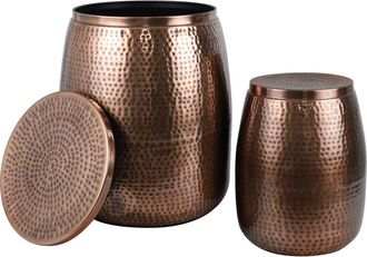 Happimess Merida Modern Rustic 2-Piece Hammered Metal Drum Storage Side Tables with Lids in Antique Copper at Nordstrom
